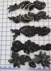 SALE! BLACK JET Sequin/beaded Sew on Appliques 14 sets