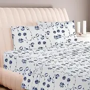 [Carressa Linen] Queen 600TC 100% Egyptian Cotton Printed Sheets Set, Floral Blue, 4pc, Fits Mattress Up To 18'' Deep Pocket
