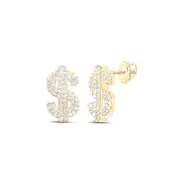 10K Yellow Gold Round Diamond Money US Dollar Sign Earring 11m Pave Stud 1/3 CT.