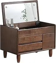 UPWONED Simple Bay Window Dressing Table, Multifunctional Solid Wood Dressing Table for Small Bedroom, Tatami Dressing Table with Drawers, Reversible Mirror Dressing Table,Walnut