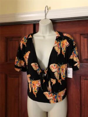 FREE PEOPLE Short Sleeve Open Front Tie Bolero Butterfly Shirt Sz LG NWT