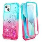 iPhone 13 & 14 Glitter Case, Full Body Rugged Cover with Built-in Teal&Pink