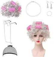 XMANX 8Pcs Old Lady Dress Up Wig Set, Granny Cosplay Set Halloween Grandma Curly Hair - Grandmother Wig, Hair Cap,Granny Glasses, Eyeglass Chains Cords Strap,Curlers,Pearl Necklace,Pearl Earrings