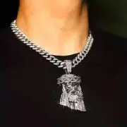 Hip Hop Silver Plated Jesus Cubic Zirconia Pendant & Iced Cuban Chain Necklace