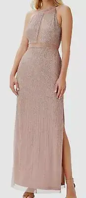$351 Aidan Mattox Women's Beige Round Neck Beaded Gown Dress Size 4