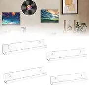 4 Pack Floating Shelves Wall Mounted, 12 Inch Clear Acrylic Invisible Floating Bookshelf- Picture Ledge Vinyl Record Display Shelf Nail Polish Holder