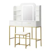 Oikiture Dressing Table Stool Set Makeup LED Mirror Vanity Iron Desk White Gold