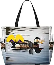 [Ghjkfbf] Domestic Duck Print Large Capacity Beach Travel Bag For Family, Beach Tote Bag For Women With Zipper Pockets, Black, One Size