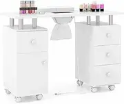 Costway Manicure Table Nail Desk w/Electric Dust Collector, 3 Dust Bags, Wrist Rest, Drawers, Movable Nail Tech Desk on 8 Lockable Wheels, Wooden Nail Art Workstation for Spa Beauty Makeup (White)