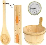 4Pcs Sauna Accessories Set Wood Sauna Bucket Sauna Spoon with Long Handle Design 2 in 1 Sauna Thermometer and Hygrometer Hourglass Timer Easy to Use Sauna Kit Suitable for Home