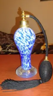 Perfume Atomizer Blue And White Hand Blown Glass Black Pump!