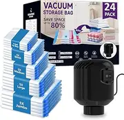 Morecoo 24Pack Vacuum Storage Bags with Electric Pump & New Air Valve, Space Saver Compression Bags for Clothes, Comforters, and Travel Essentials – Includes Jumbo, Large, Medium, Small & Roll-Up Bags
