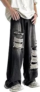 [Zylphorix] Men's Patch Ripped Straight Jeans Mid Rise Vintage Comfortable Denim Pants Autumn Classic Trendy Baggy Trousers, Black, Small