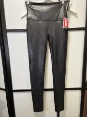 NEW $98 Spanx Womens Large Black Faux Leather Leggings Shaping Waist Band