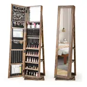 Costway Swivel Jewelry Cabinet Mirrored Armoire Makeup Storage Organiser Brown