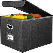 Okydoky Portable File Organizer Box with Lids, Collapsible Linen Hanging Filing Storage Boxes with Plastic Slide, Decorative Home/Office Filling System for File and Folders Storage (1P, Black)