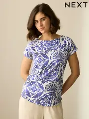 Blue Tile Print Cap Sleeve T-Shirt Top (AM2905) | $17