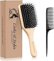 Hair Brush, Sosoon Boar Bristle Paddle Hairbrush for Long Short Thick Thin Curly Straight Wavy Dry Hair for Men Women Kids, No More Tangle, Giftbox & Tail Comb Included