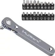 Mulwark 20Pc 1/4 Ultra Low Profile Mini Ratchet Wrench Close Quarters Screwdriver Set with High Torque - Right Angle EDC Tool with 90 Degree Mini Offset Reversible Drive Handle & Multi Hex Bits Set