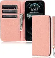 FROLAN for iPhone 13 Wallet Case with Credit Card Holder Slot Genuine Leather Premium Cow Leather Magnetic Flip Folio Drop Protection Shockproof Cover for iPhone 13 6.1 Inch (Pink)