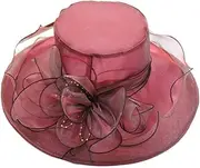 [Ｗoowayo] Women Wide Brim Sun Hats Beach Hat Floral Design Sun Protection Adjustable Organza Thin Elegant Sun Cap Fashion Accessories Wine Red