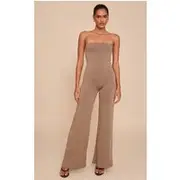 Mushroom Double Layer Contour Jersey Bandeau Wide Leg Jumpsuit, Mushroom