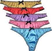 [Colorful Star] 5 Pack Women's Satin G-string Panties Ruffle Frilly Thongs Underwear