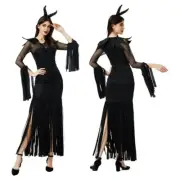 Women Gothic Black Ruched Bodycon Long Dress with Headband Set for Halloween