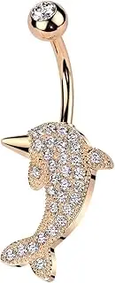 [Pierced Owl] 14GA 316L Stainless Steel CZ Crystal Paved Dolphin Belly Button Ring