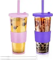 Bubble Milk Tea Straw Cup: 2 Pack 24 Oz Leakproof Clear Tumbler, Reusable Boba Sippy Cups Double Walled Insulated Plastic Cold Coffee Cup for Smoothies, Bubble Tea