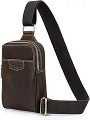 [CONTACTS] Mens Small Sling Bag Leather Crossbody Backpack Crazy Horse Leather Chest Bag for Men Travel Shoulder Bag 6.7 Inch Phone Daypack, Brown, Small