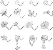 [Telooco] 16 Pcs L Shaped Nose Studs Zircon Nose Rings Stud Stainless Steel Butterfly Flower Leaf Heart Moon Multiple Styles Dangle Noses Rings for Women Unisex Body Piercing Jewelry