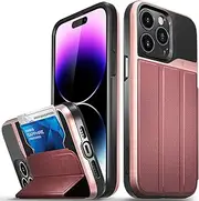 Vena vCommute Wallet Case Compatible with Apple iPhone 14 Pro Max (6.7"), (Military Grade Drop Protection) Flip Leather Cover Card Slot Holder with Kickstand - Rose Gold/Red