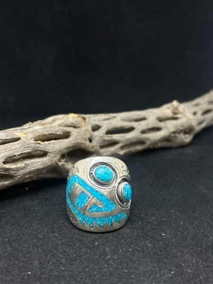 Navajo Chip inlay Sleeping Beauty Turquoise Sterling Silver Ring size 10