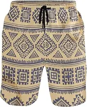 [GuoChe] Men's Beach Shorts Tribal Vintage Ethnic Beige Quick Dry Swimwear Board Shorts Mens Swim Trunk Pants with Mesh Lining