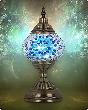 Yarra-Decor Turkish Moroccan Lamp with Bronze Base Handmade Tiffany Mosaic Glass Lamps Portable Bedside Rechargeable Battery 2000mAh (LED Bulb Included)(2) Blue2