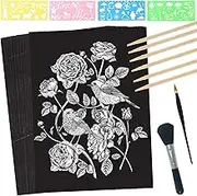 ZOCONE Scratch Paper Art Set, 50 Sheets 8x11in Black Coated Scratchboard Large Scratch Paper with Wooden Styluses and Stencils, DIY Scratch Painting Art Paper for Kids Adults Birthday Christmas Gift