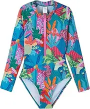 [Gottex] Kids Long Sleeve Zip Front One Piece Swimsuit Chlorine Fade Resistant and Built-in UPF UV 50 + Protection