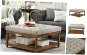 Upholstered Square Coffee Table with Wooden Shelf, Tufted Button Large Square