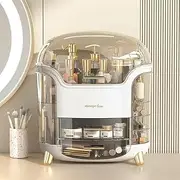 NestCharm Makeup Organizer for Vanity, Portable Cosmetic Storage Box with Transparent Lid and Rotating Drawer, Dustproof and Waterproof Large Countertop Organizer Make Up Holder for Bedroom, Bathroom