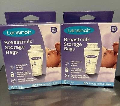 2 BOXES Lansinoh Breastmilk Storage Bags Pre Sterilized 50 Ct