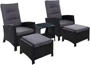 Gardeon Recliner Chairs 5 Piece Wicker Sun Lounger Reclining, Outdoor Lounge Setting Patio Furniture Bistro Set Garden, with Coffee Table Cushions Ottoman Adjustable Backrest Glass Tabletop Black