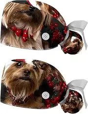[YTYVAGT] 2-Pc,Nurse Scrub Caps,Scrub Hats with Buttons and Cotton Sweatband,Dog Christmas Pet