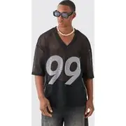 Mens Black Oversized Mesh Applique Varsity Top