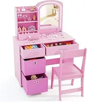 HONEY JOY Kids Vanity Set with 2 Color Lighted Mirror, Princess Makeup Desk and Chair Set with Mirror and Lights, Open Shelves and Storage Drawers, Pretend Play Dressing Table Set, Pink