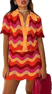 [RISCUYY] Women's Two Piece Summer Set Knit Mesh Colorblock Short Sleeved Polo Collar Button Tops and Mini Skirts Matching Set