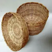 Round HANDMADE Rattan woven Box Lid Wicker Picnic food Storage basket food Tray