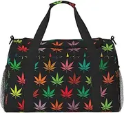 [CADREWY] Colorful Cannabis Leaves Print Travel Duffle Bag Large Capacity Tote Stylish Weekender Bag for Outdoor Activities, Black, One Size
