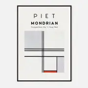 Galrie Piet Mondrian Composition No. 1 Gray-Red Art Print for Modern Decor, Black Frame, A2 42 x 60cm (16 x 24inch)
