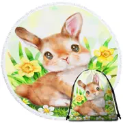 Cute Animal Art Bunny in the Flower Garden Round Beach Towel